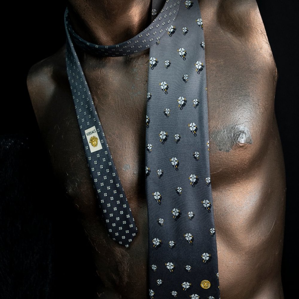90's Versace Tie, Flowers, Gray and Gold